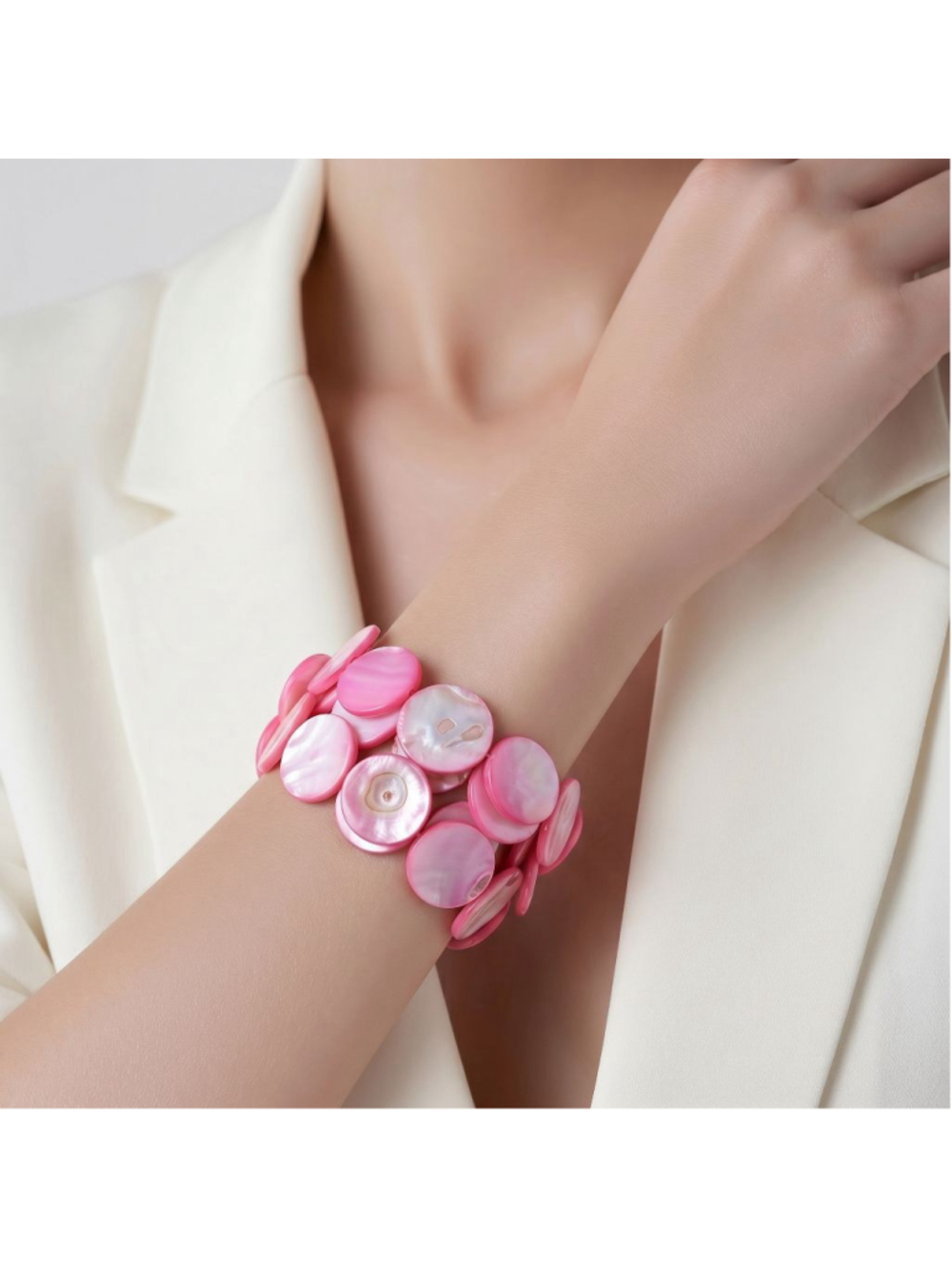 Pink Mother of Pearl Shell Disc Stretch Bracelets Set of Three Pale Hot Pink